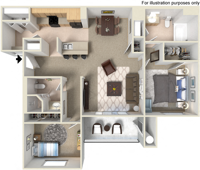 Floor plan for 2 beds, 2 baths, 1064 sqft
